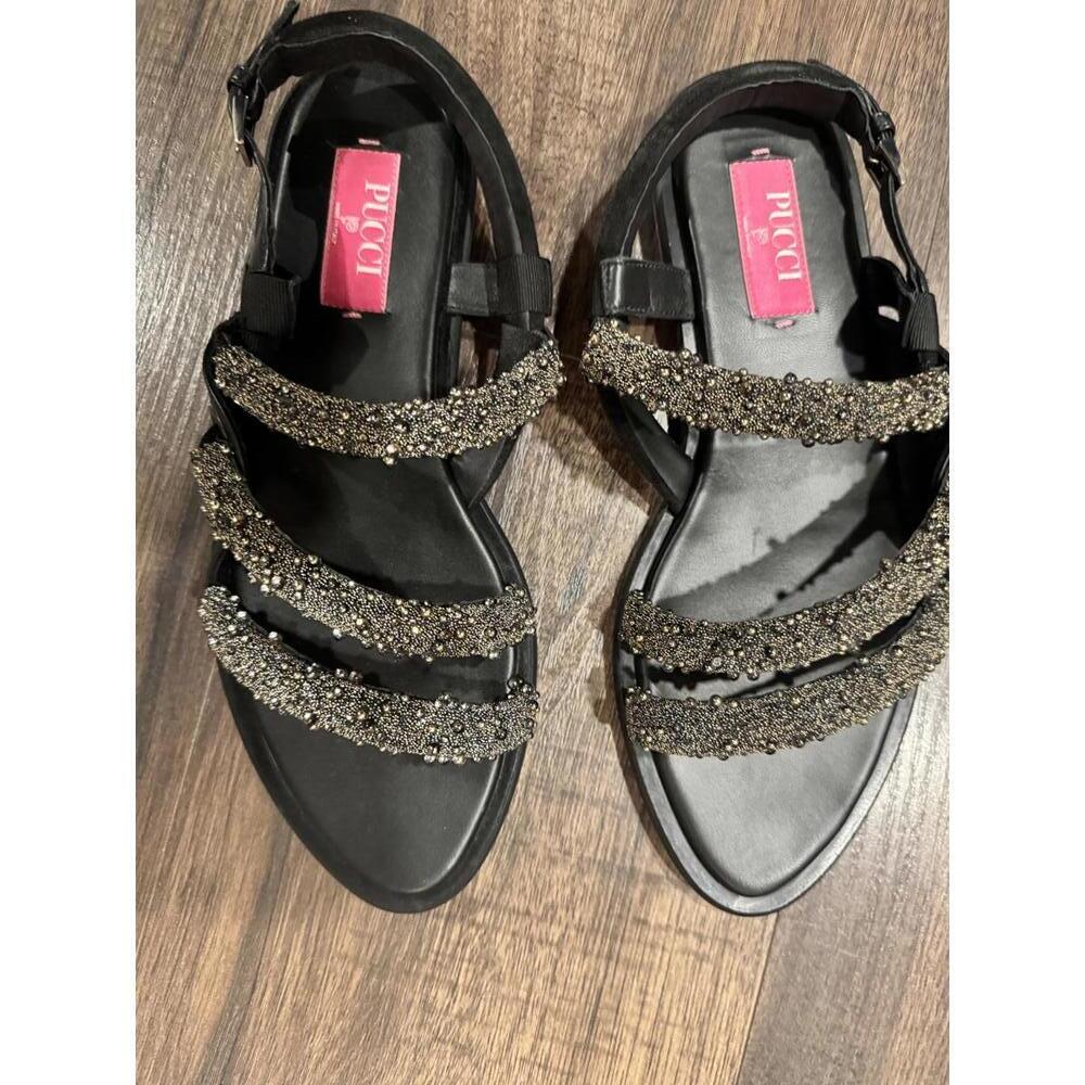 Emilio Pucci Black Beaded Strap Sandals sz 38